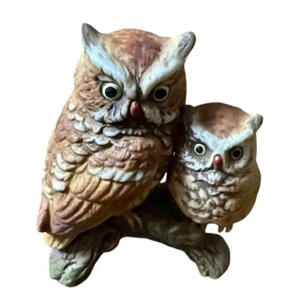 Napco Porcelain Two Owl Figurine Sitting on Branch # 314 w Sticker Japan 3.25"